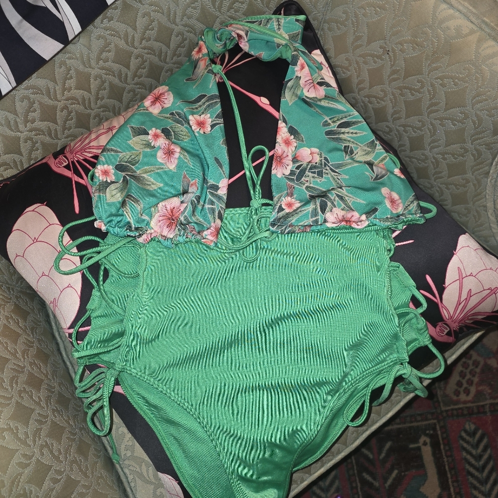 Green Floral Two-Piece (Reversible Top) Swimsuit